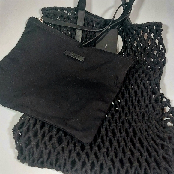 Zara black handmade fishnet shopping bag w zippered canvas pouch, NWT - Picture 8 of 9